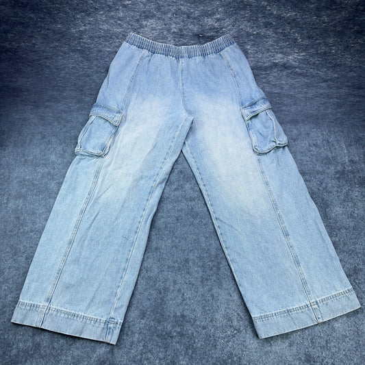 Forever 21 Premium Womens XL Light Wash Elastic Waist Wide Leg Cargo Jeans by FOREVER 21
