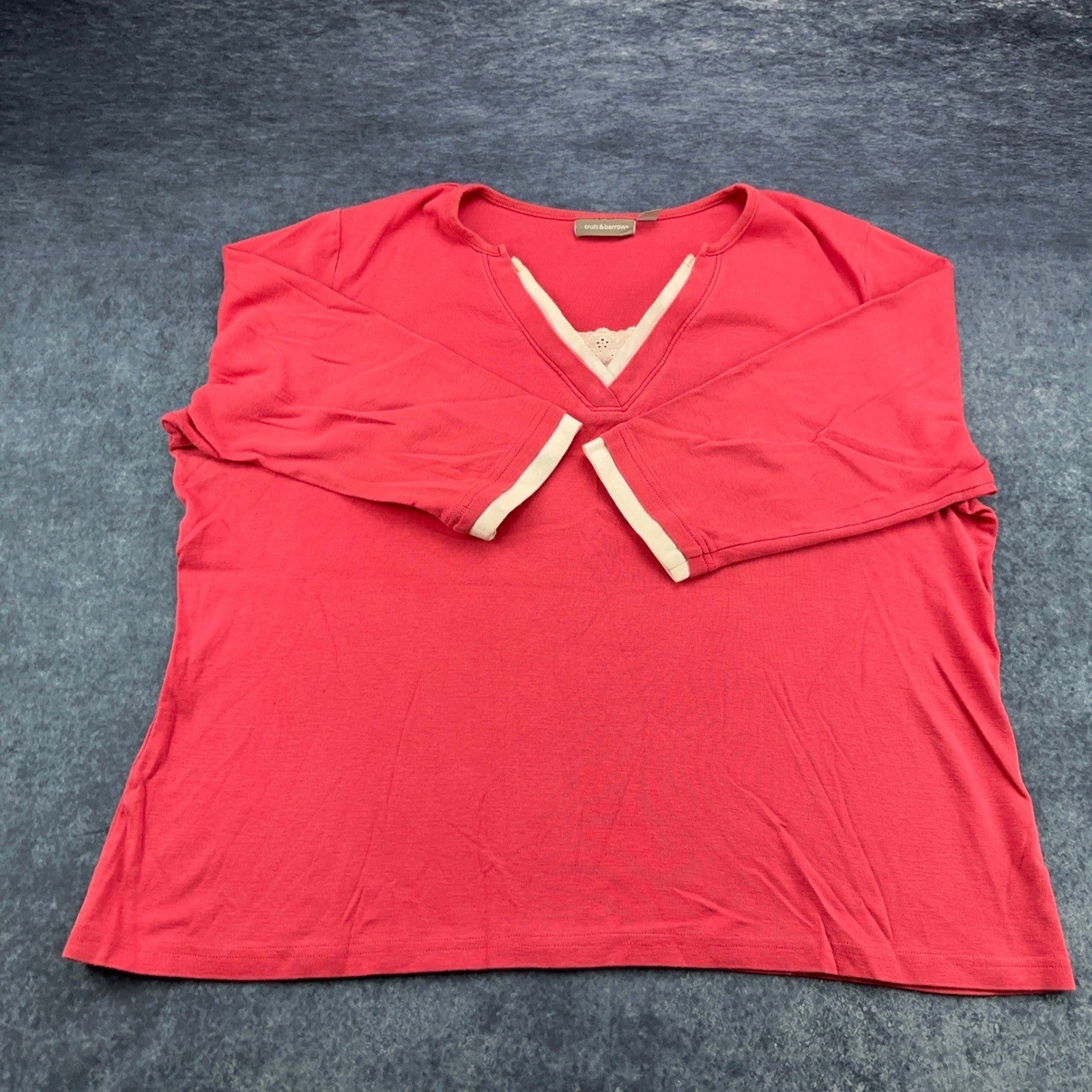 Croft & Barrow Womens 2X Coral Pink Faux Layered Lace V-Neck Long Sleeve Top by Croft & Barrow
