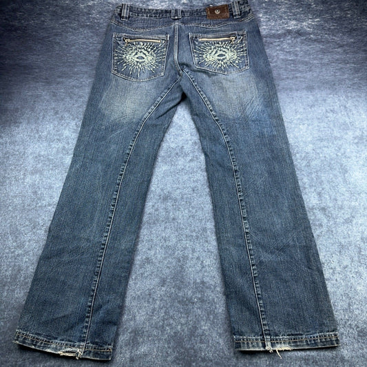 Antik Denim Mens Straight Leg Jeans Blue Medium Wash Button Fly Distressed 34x32 by Antik Denim
