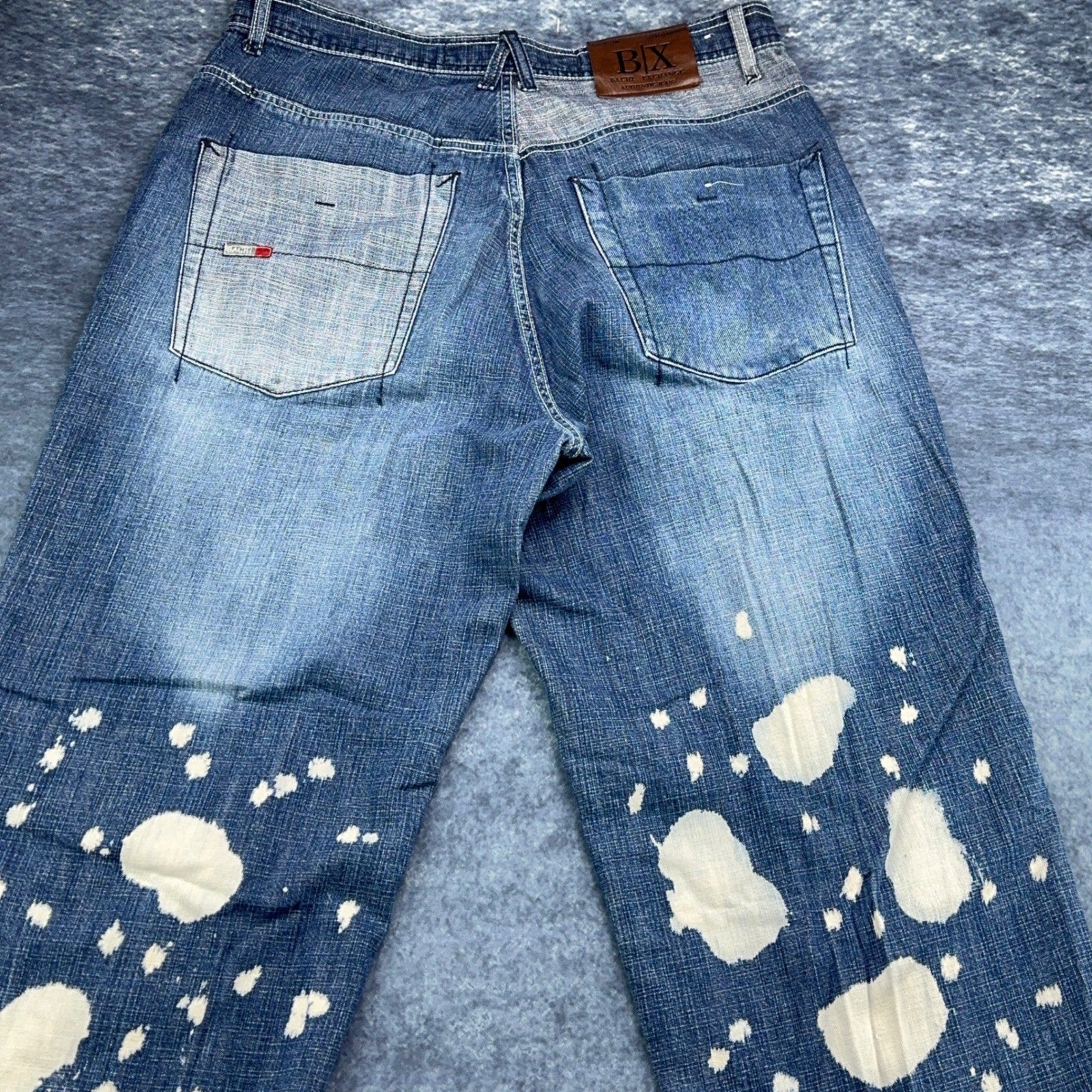 Bachi Exchange BIX Mens Distressed Bleach Splatter Jeans Blue W34 L34 Y2K Russia by Bachi Exchange