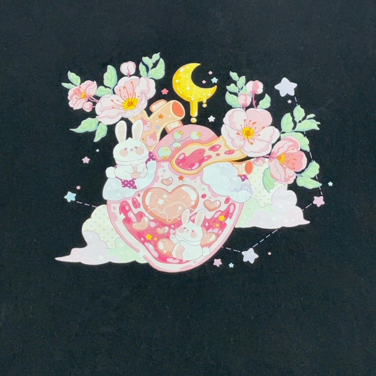 Romwe Black Graphic T-Shirt XL Anime Kawaii Bunny Heart Floral Moon Short Sleeve by ROMWE