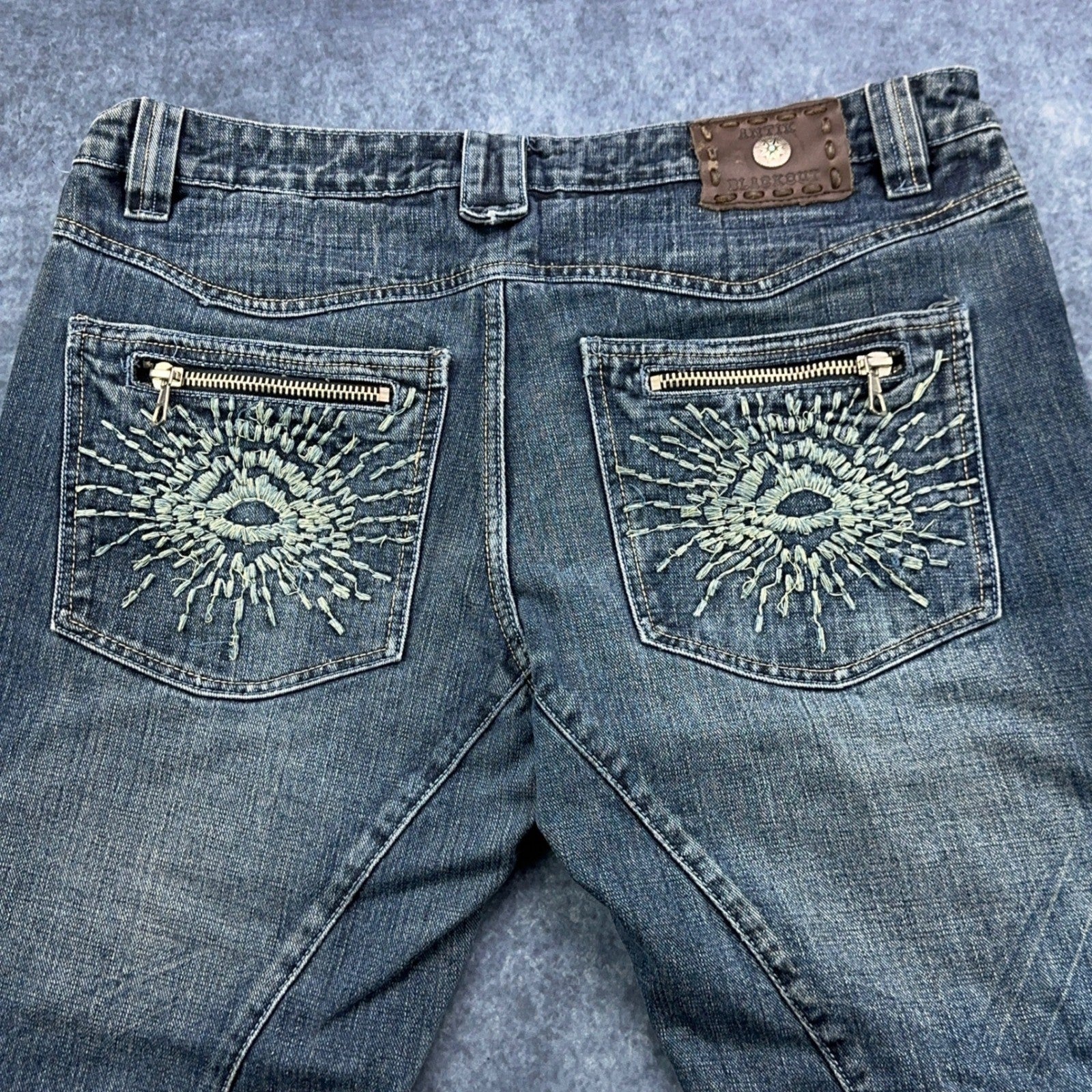 Antik Denim Mens Straight Leg Jeans Blue Medium Wash Button Fly Distressed 34x32 by Antik Denim