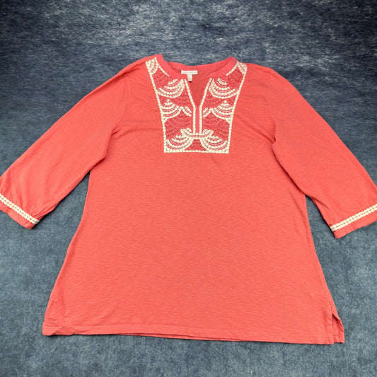 Charter Club Coral Pink Embroidered Beaded Tunic Top XL 100% Cotton 3/4 Sleeve by Charter Club