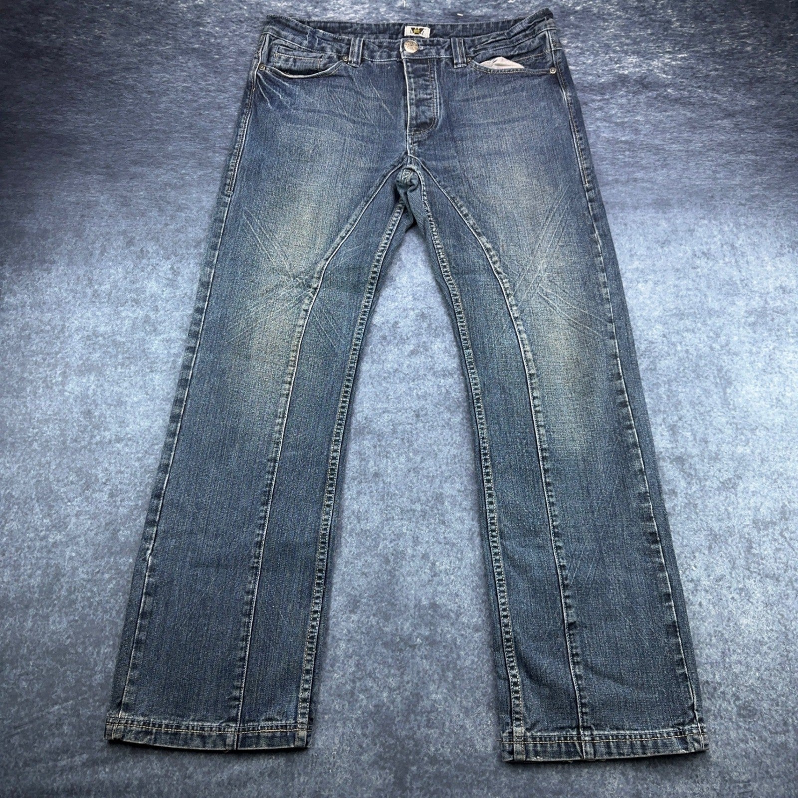 Antik Denim Mens Straight Leg Jeans Blue Medium Wash Button Fly Distressed 34x32 by Antik Denim