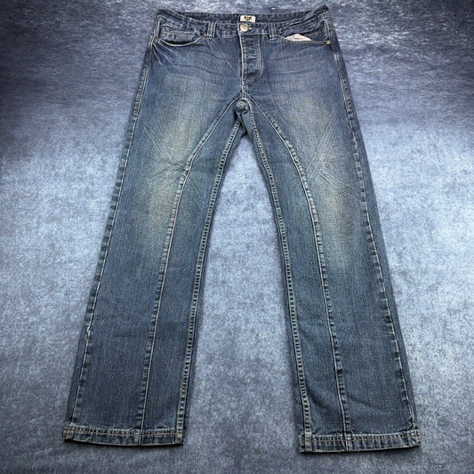 Antik Denim Mens Straight Leg Jeans Blue Medium Wash Button Fly Distressed 34x32 by Antik Denim