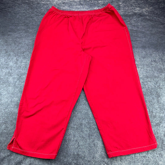 Red 100% Cotton Elastic Waist Crop Pants Women XL Relaxed Wide Leg Side Slit by Unbranded