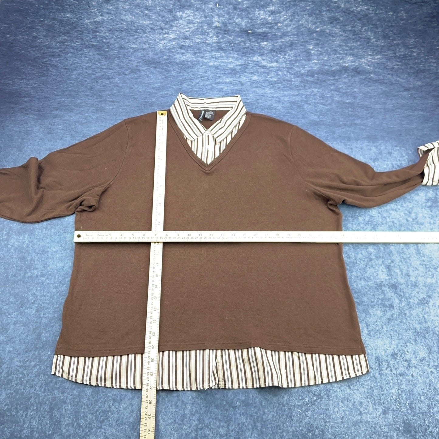 Jason Maxwell Woman Brown 2-in-1 Layered Look Striped Collar Sweater Top 2X by Jason Maxwell