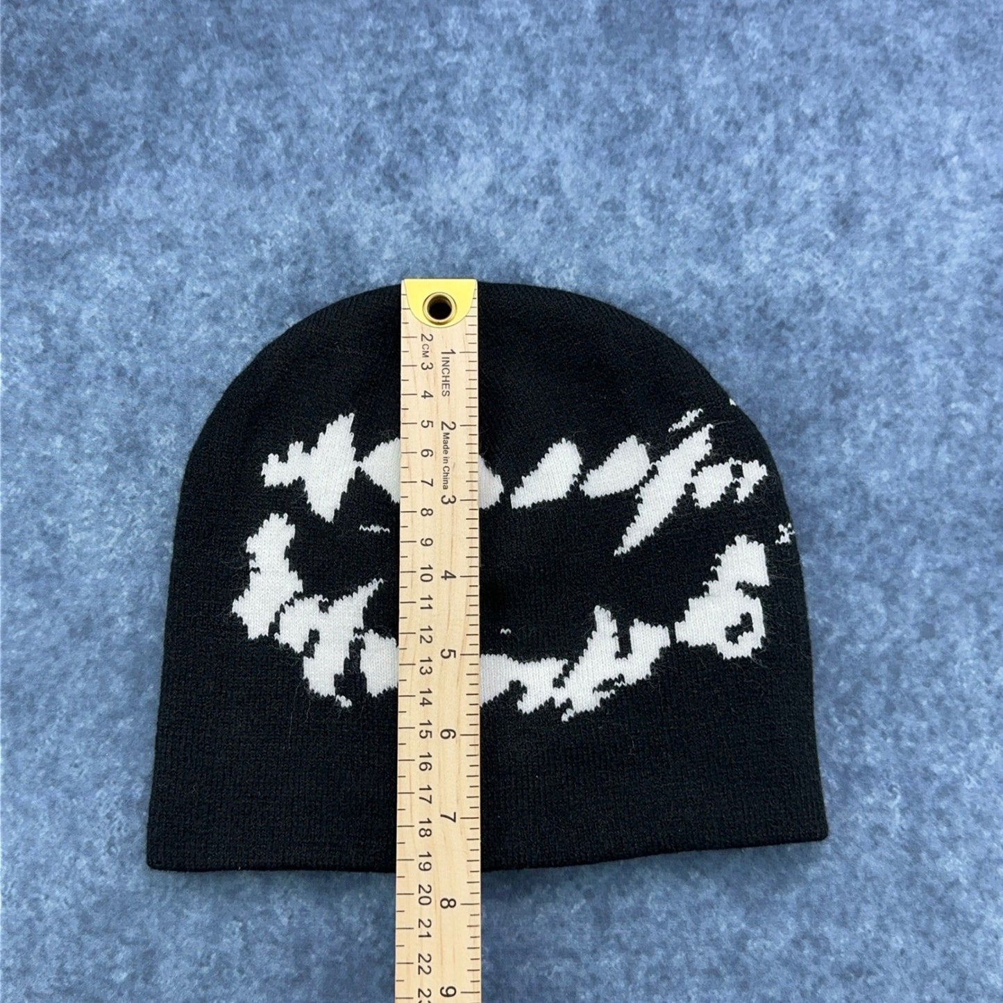 Black Graphic Knit Beanie Abstract White Design Streetwear Skull Cap Hat by Unbranded