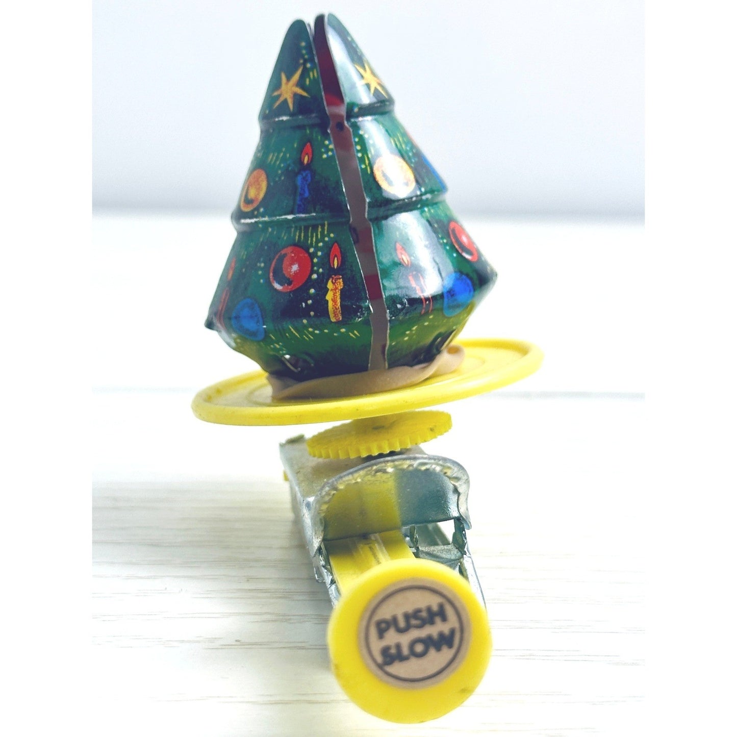 Vintage Tin Litho Spinning Christmas Tree w/Hidden Santa Push Spinner Toy Japan by Unbranded