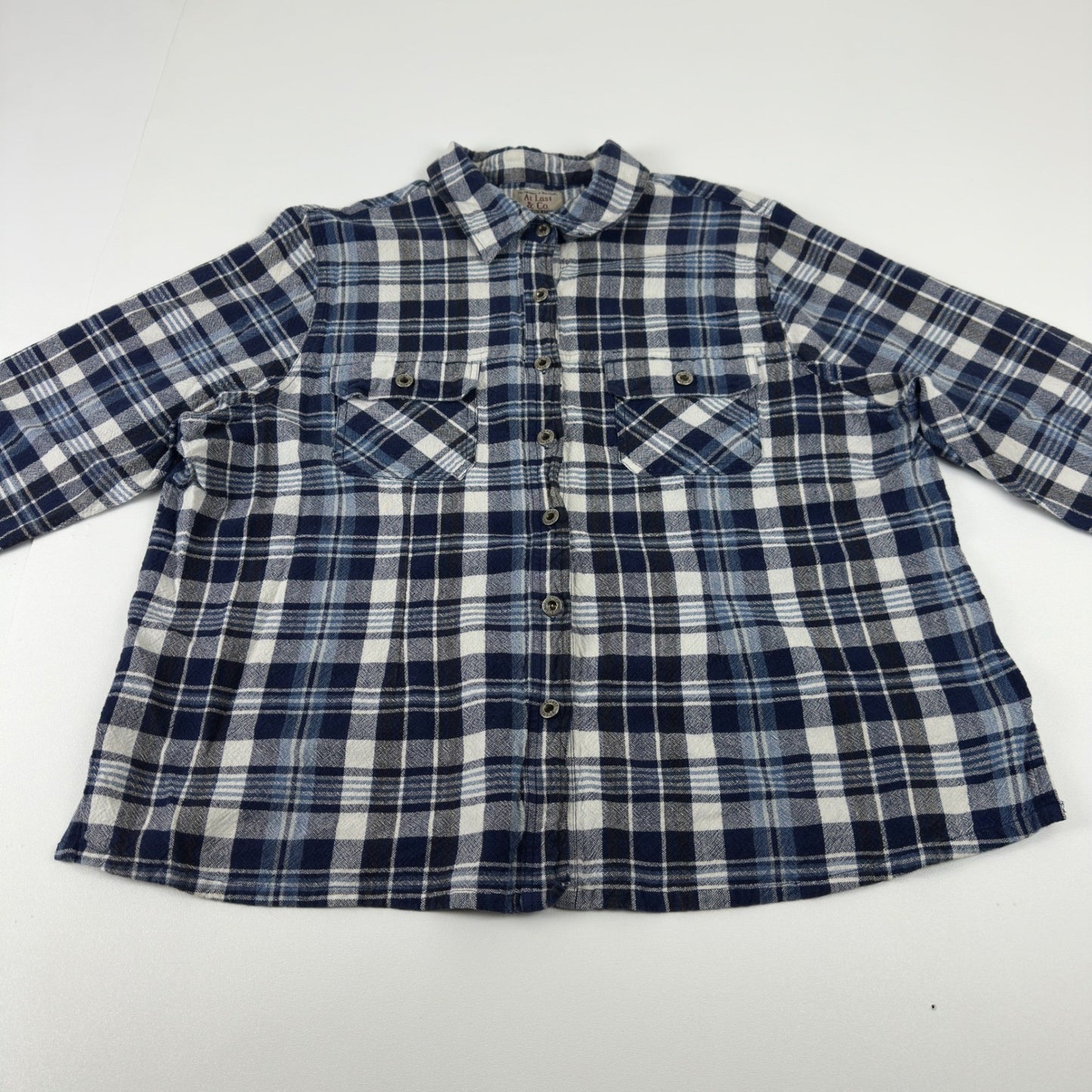 At Last & Co Blue White Plaid Cotton Button Down Shirt Mens 18/20 Flannel L/S by At Last & Co.
