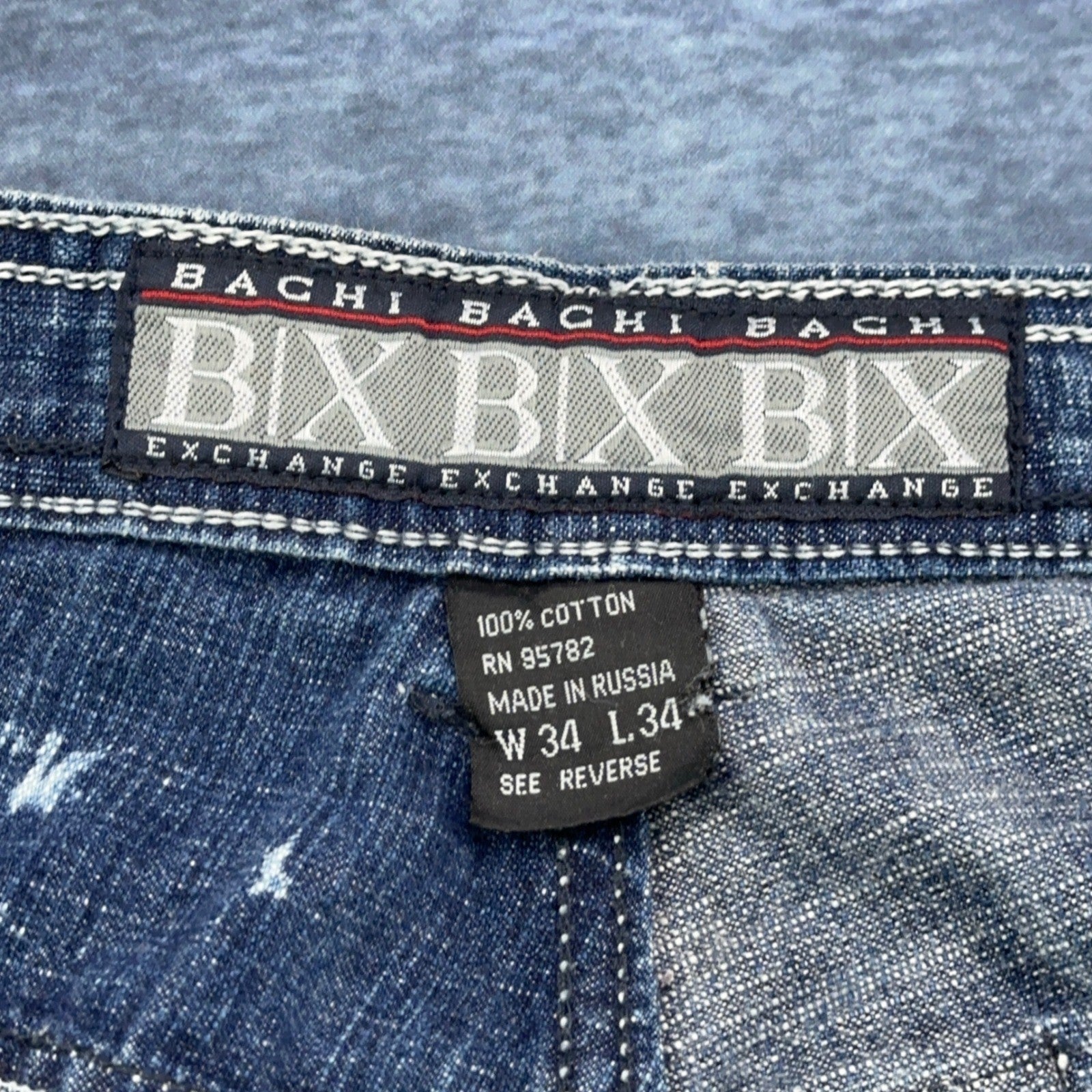 Bachi Exchange BIX Mens Distressed Bleach Splatter Jeans Blue W34 L34 Y2K Russia by Bachi Exchange