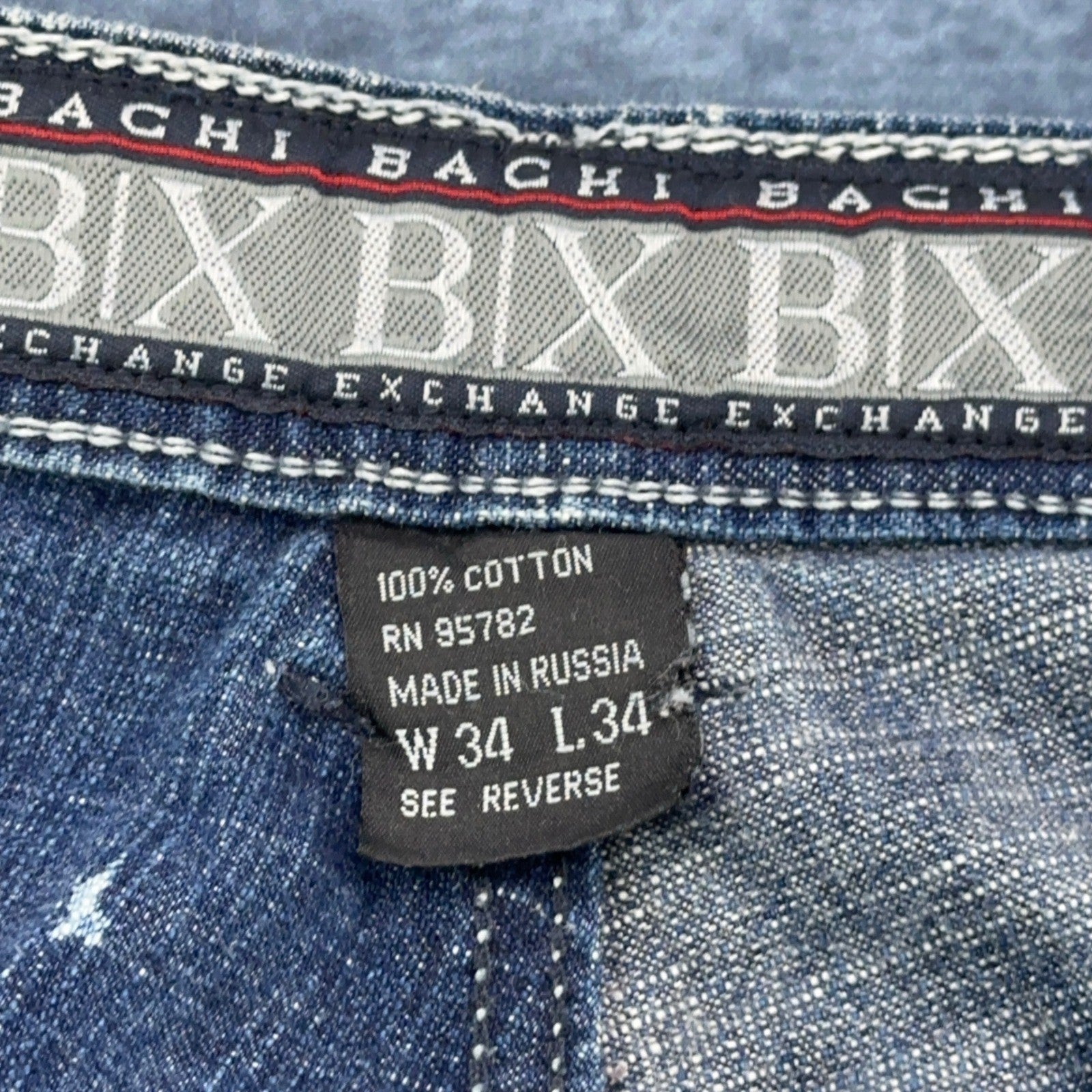 Bachi Exchange BIX Mens Distressed Bleach Splatter Jeans Blue W34 L34 Y2K Russia by Bachi Exchange