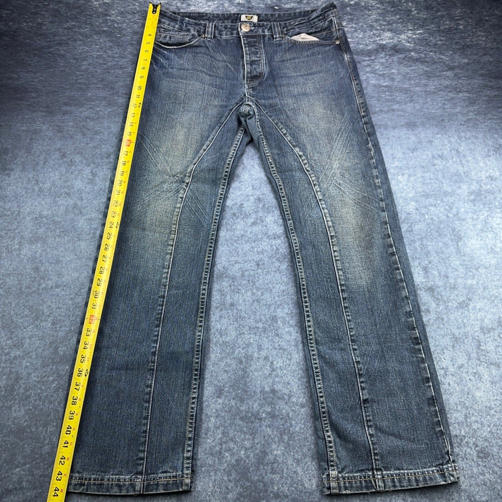 Antik Denim Mens Straight Leg Jeans Blue Medium Wash Button Fly Distressed 34x32 by Antik Denim