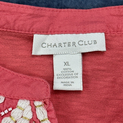 Charter Club Coral Pink Embroidered Beaded Tunic Top XL 100% Cotton 3/4 Sleeve by Charter Club
