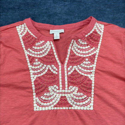 Charter Club Coral Pink Embroidered Beaded Tunic Top XL 100% Cotton 3/4 Sleeve by Charter Club