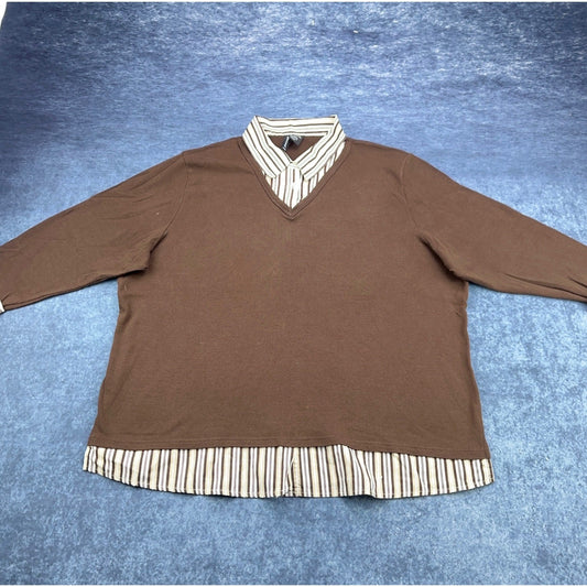 Jason Maxwell Woman Brown 2-in-1 Layered Look Striped Collar Sweater Top 2X by Jason Maxwell
