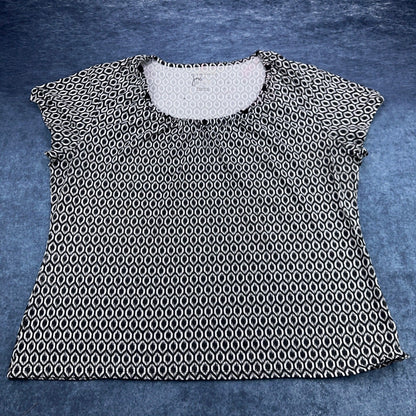 Just My Size JMS Women 3X Black White Geometric Ikat Cap Sleeve Pleated Blouse by Just My Size