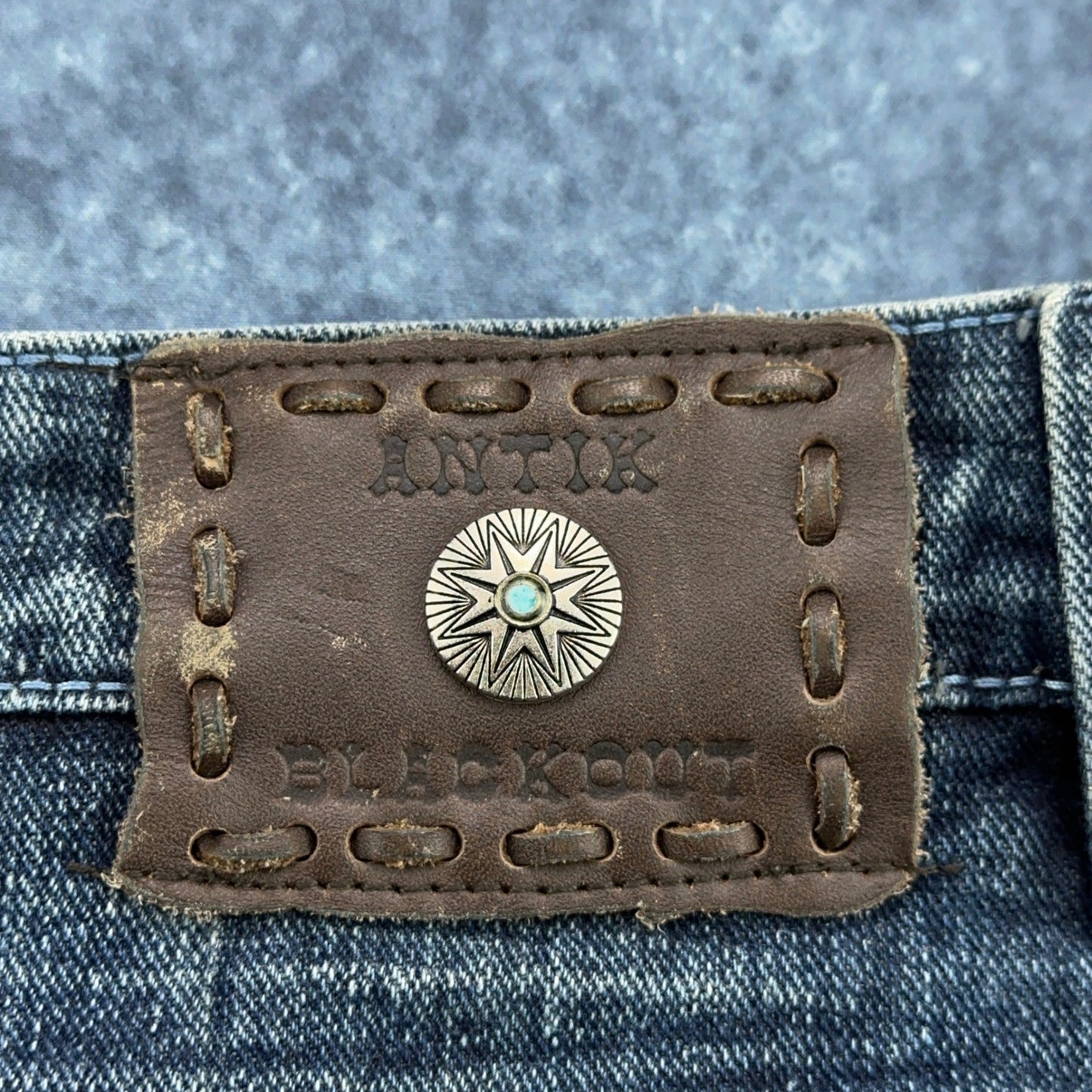 Antik Denim Mens Straight Leg Jeans Blue Medium Wash Button Fly Distressed 34x32 by Antik Denim