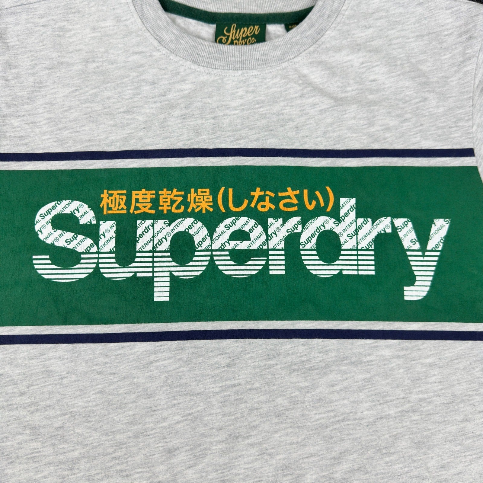 Superdry Mens Graphic T-Shirt Grey Green Stripe Logo Crew Neck Small by Superdry