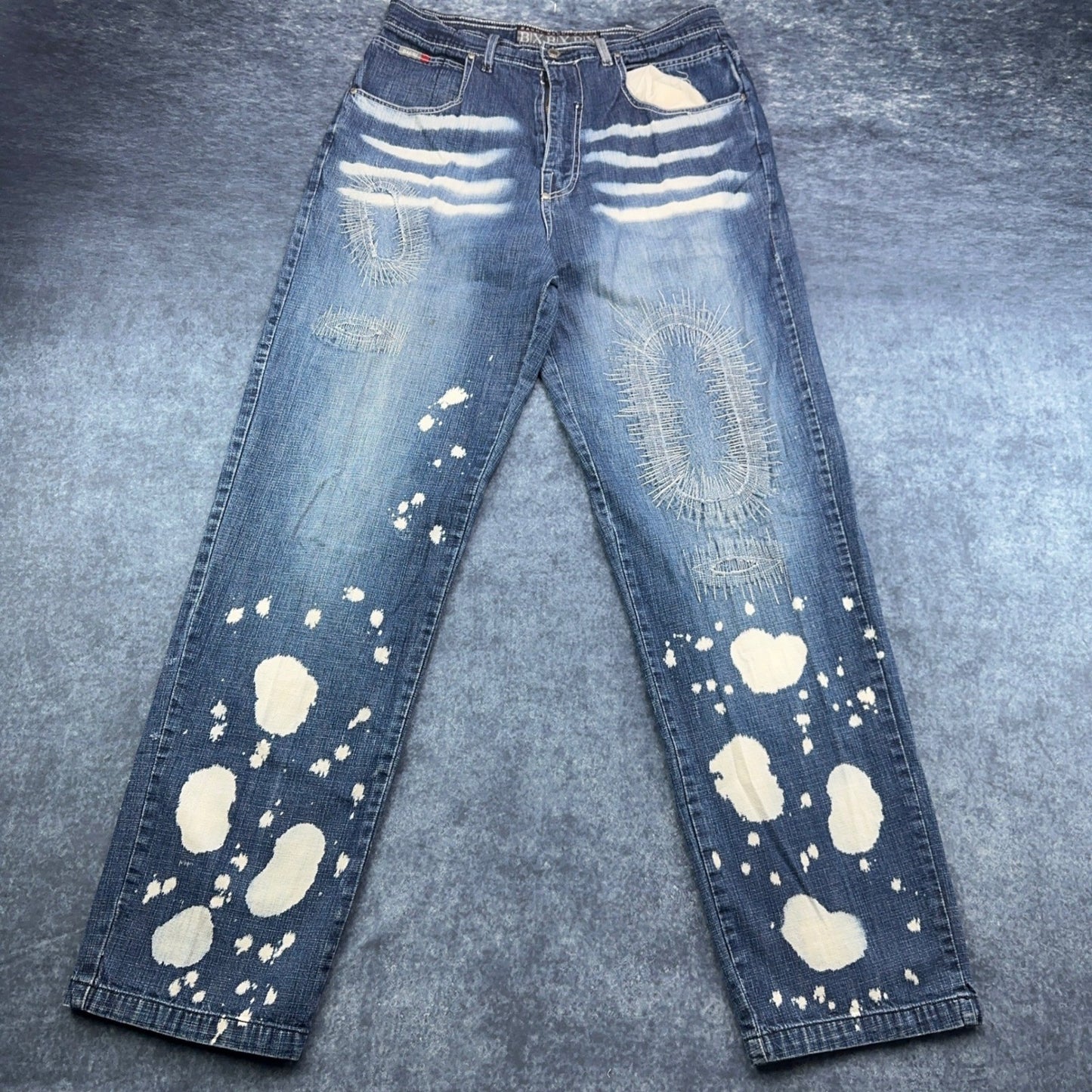Bachi Exchange BIX Mens Distressed Bleach Splatter Jeans Blue W34 L34 Y2K Russia by Bachi Exchange