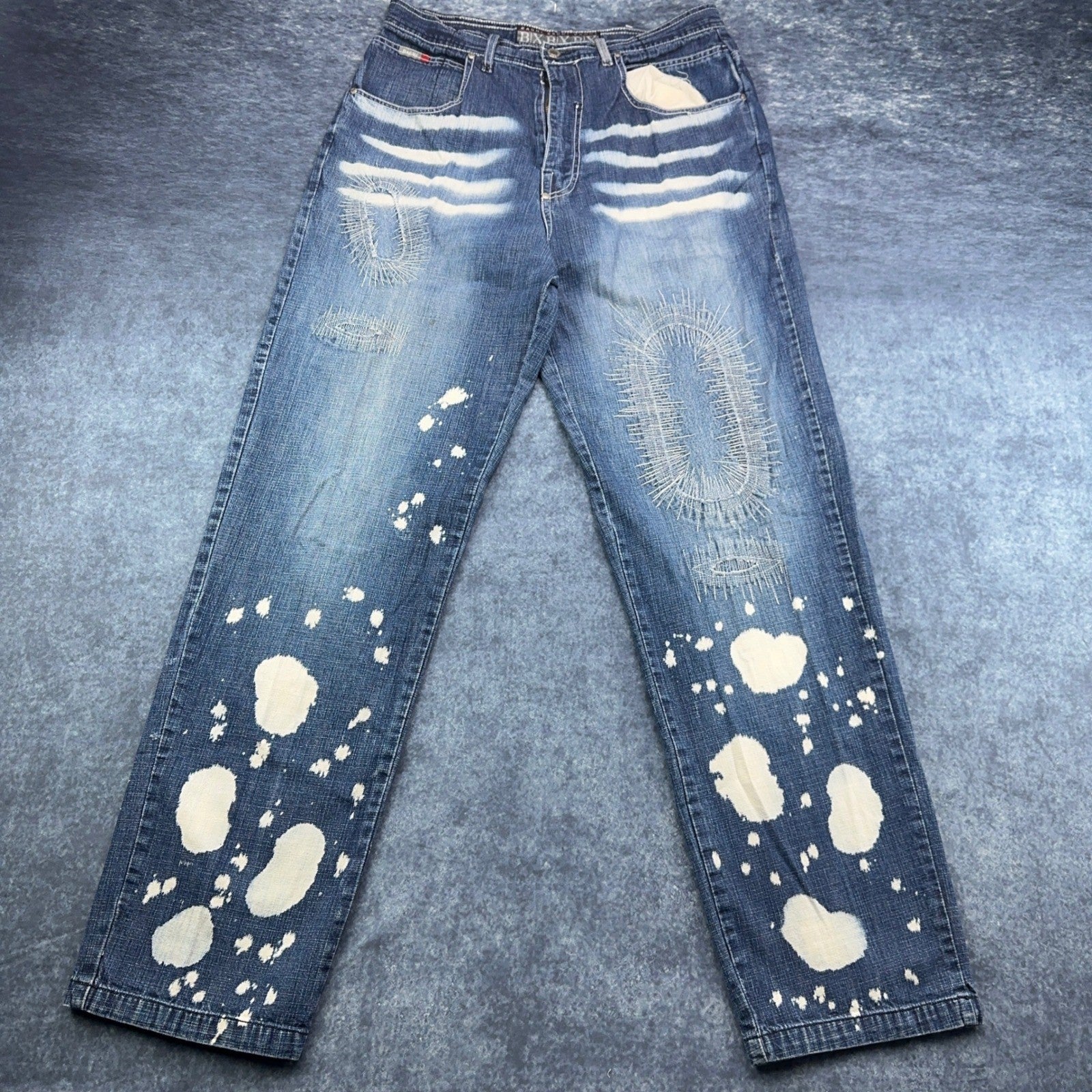 Bachi Exchange BIX Mens Distressed Bleach Splatter Jeans Blue W34 L34 Y2K Russia by Bachi Exchange