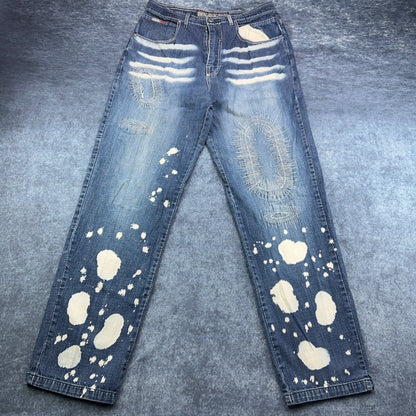 Bachi Exchange BIX Mens Distressed Bleach Splatter Jeans Blue W34 L34 Y2K Russia by Bachi Exchange
