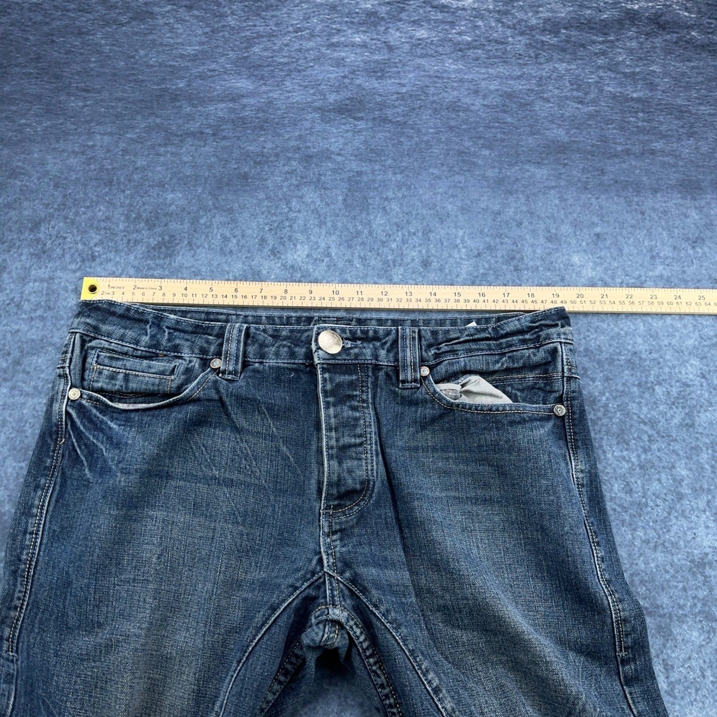 Antik Denim Mens Straight Leg Jeans Blue Medium Wash Button Fly Distressed 34x32 by Antik Denim