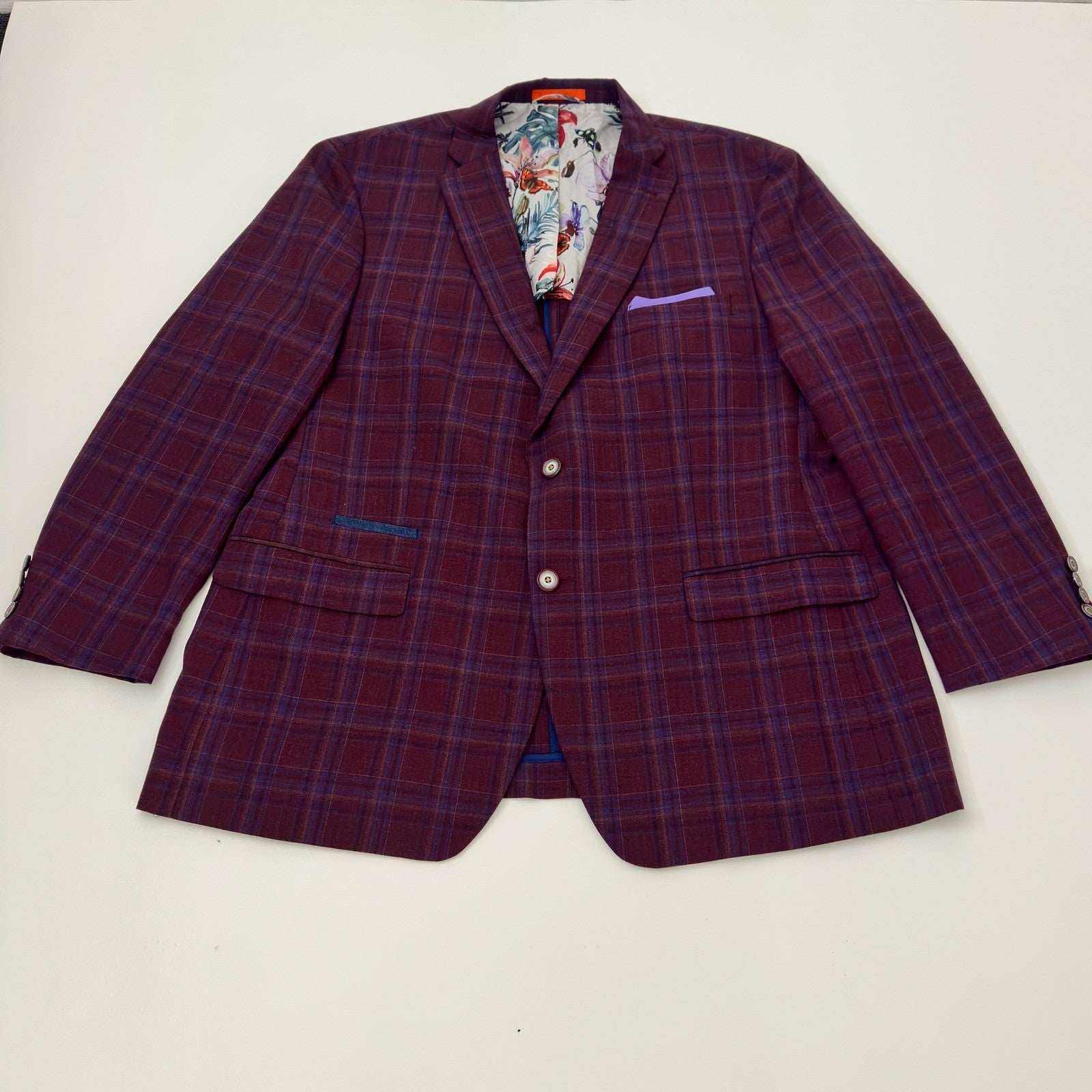 Tallia Mens Plaid Blazer Sport Coat Burgundy Blue Wool Blend Floral Lining 46R by Tallia
