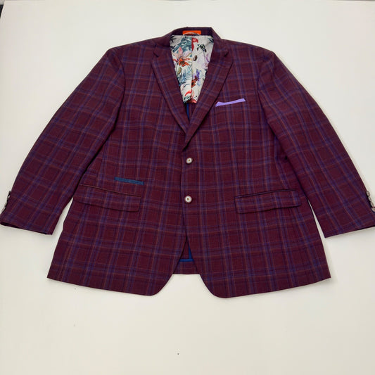 Tallia Mens Plaid Blazer Sport Coat Burgundy Blue Wool Blend Floral Lining 46R by Tallia