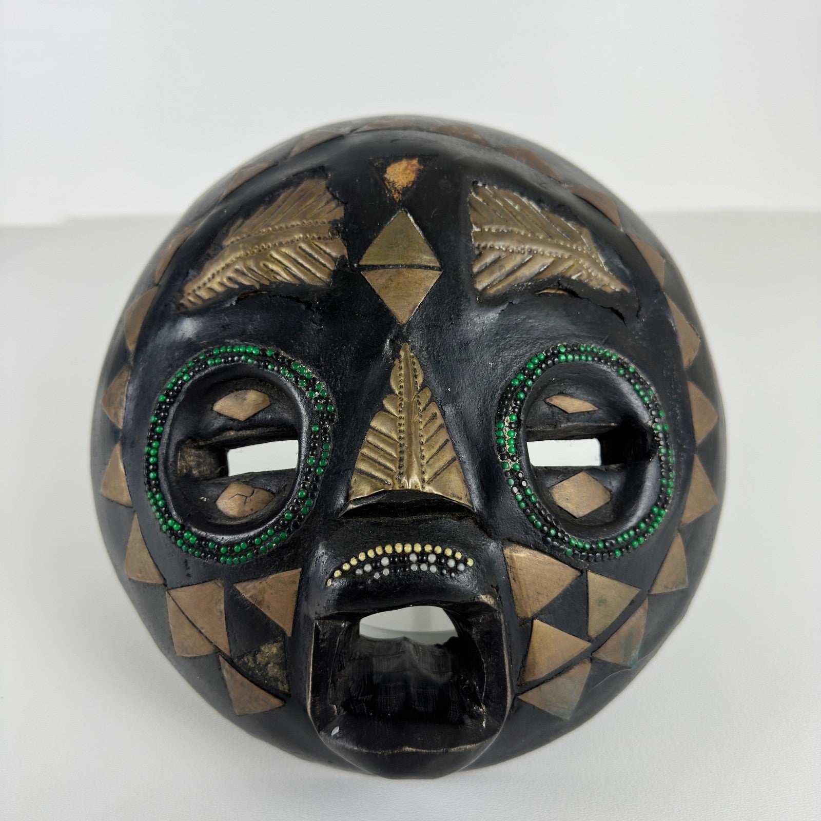 Handmade Ghana African Tribal Mask Set 3 Wood Brass Inlay Wall Decor Black Gold by African Arts & Crafts Int'l