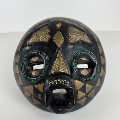 Handmade Ghana African Tribal Mask Set 3 Wood Brass Inlay Wall Decor Black Gold by African Arts & Crafts Int'l