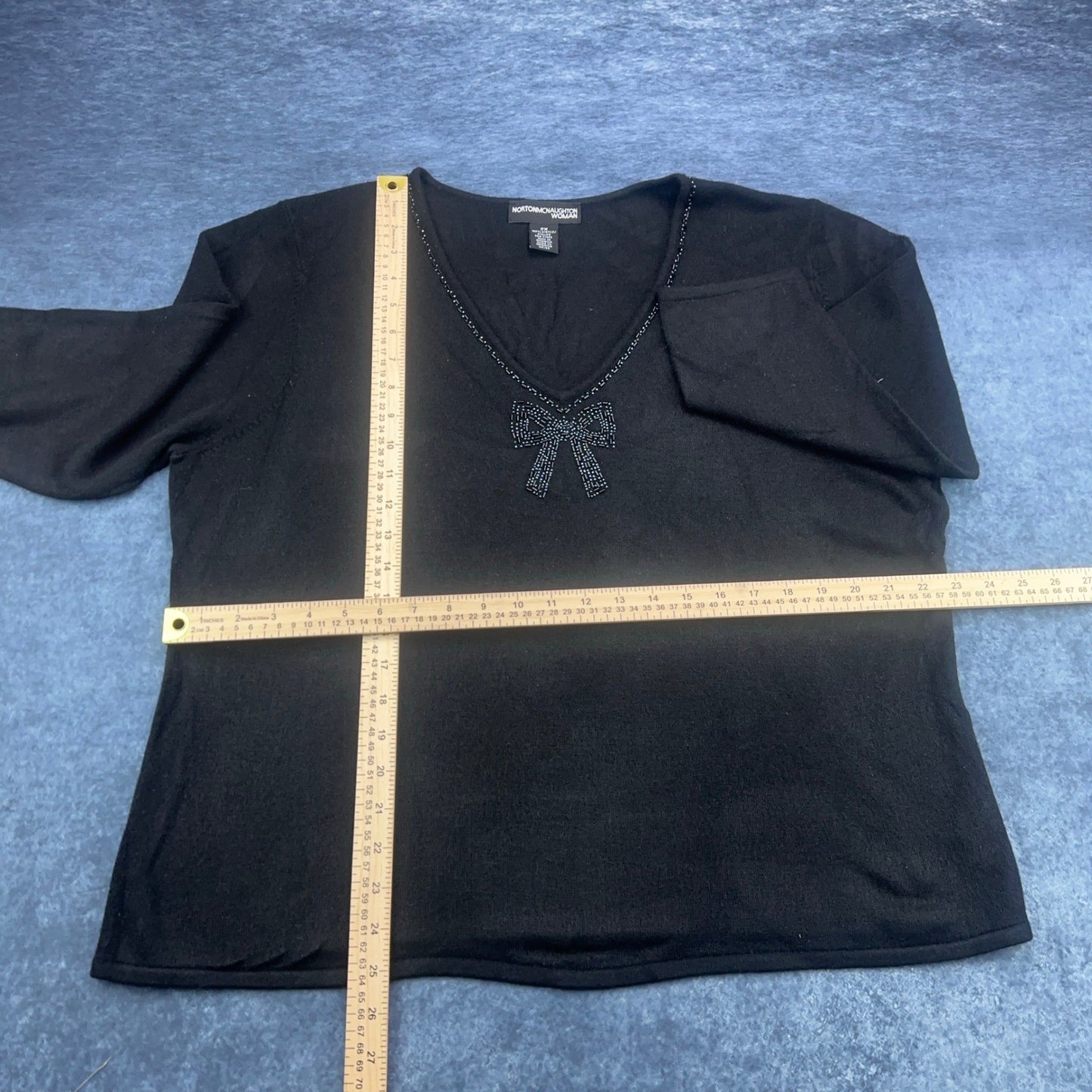 Norton McNaughton Woman Black Beaded Bow V-Neck Knit Sweater Plus Size 2X by Norton McNaughton