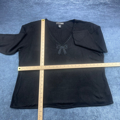 Norton McNaughton Woman Black Beaded Bow V-Neck Knit Sweater Plus Size 2X by Norton McNaughton