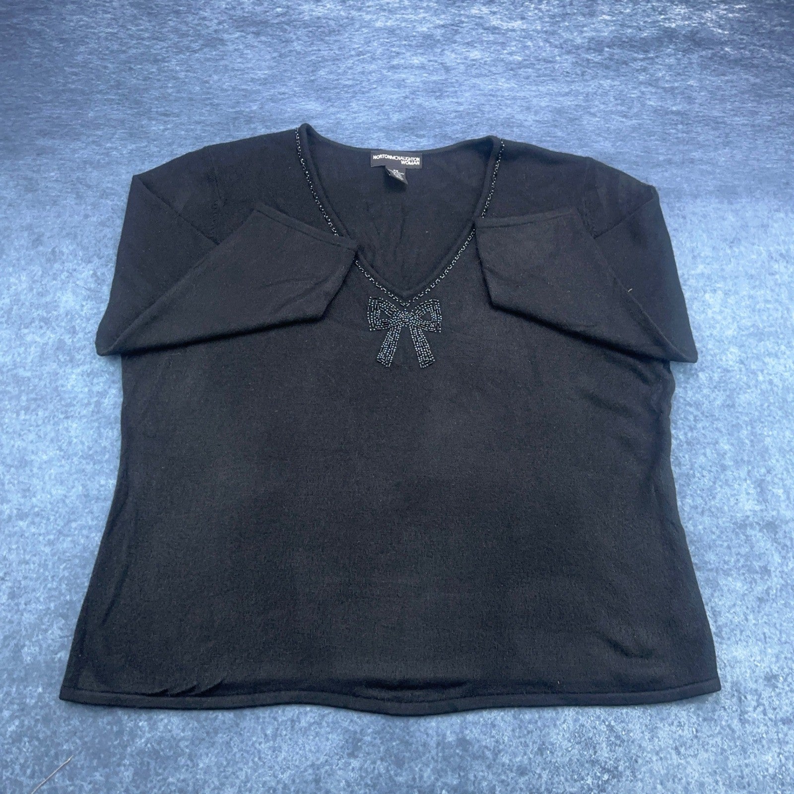 Norton McNaughton Woman Black Beaded Bow V-Neck Knit Sweater Plus Size 2X by Norton McNaughton