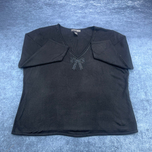 Norton McNaughton Woman Black Beaded Bow V-Neck Knit Sweater Plus Size 2X by Norton McNaughton