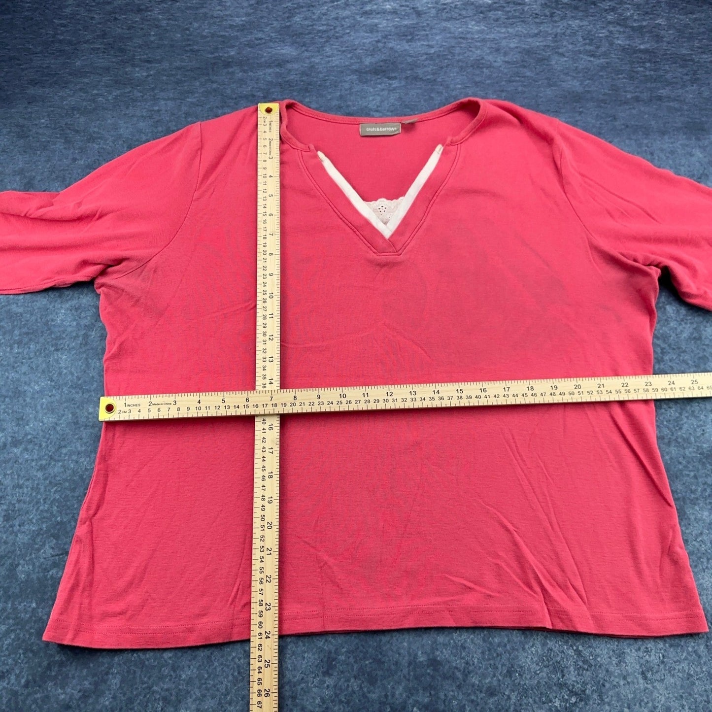 Croft & Barrow Womens 2X Coral Pink Faux Layered Lace V-Neck Long Sleeve Top by Croft & Barrow