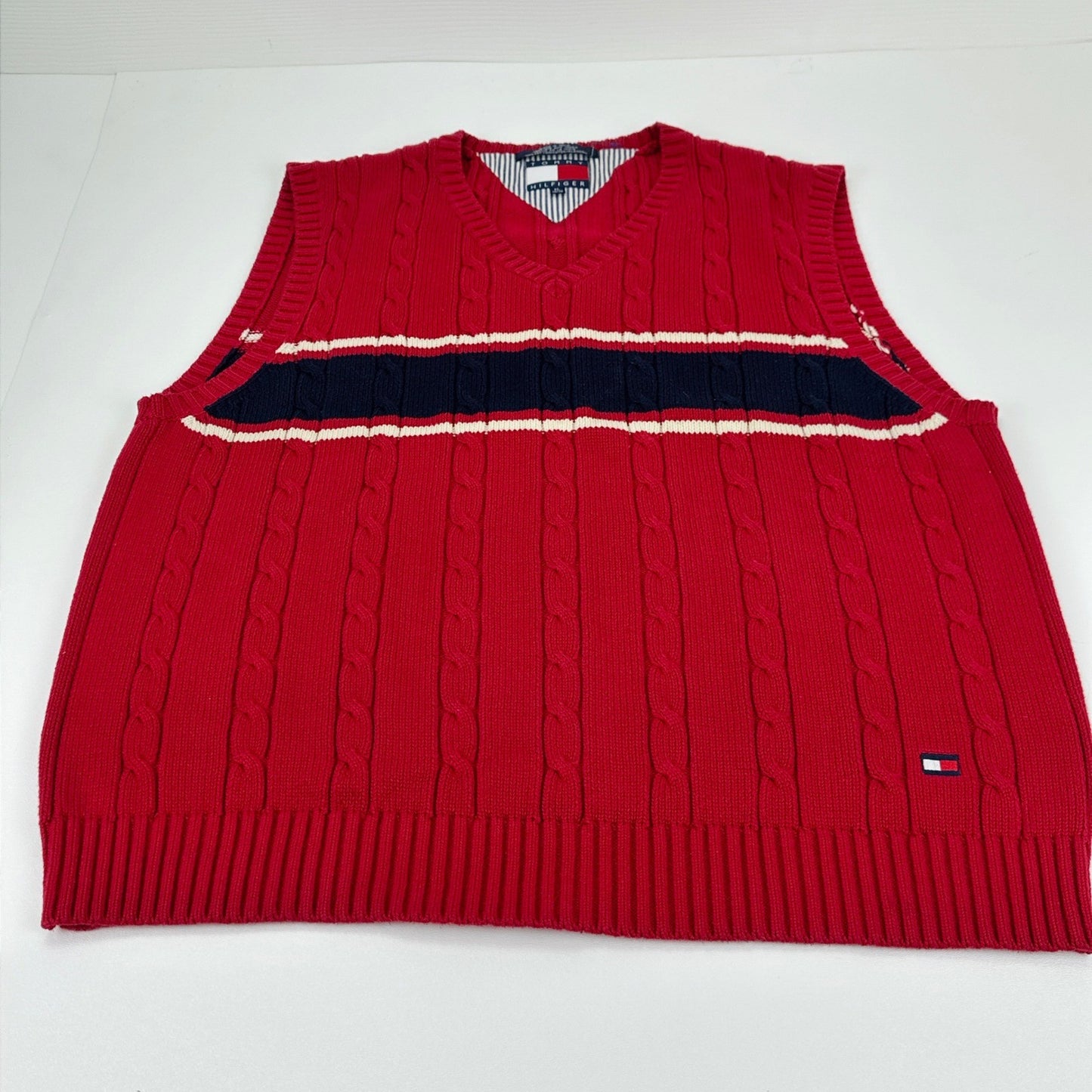 Tommy Hilfiger Mens Red Cable Knit V-Neck Sweater Vest Navy Stripe XL by Tommy Hilfiger
