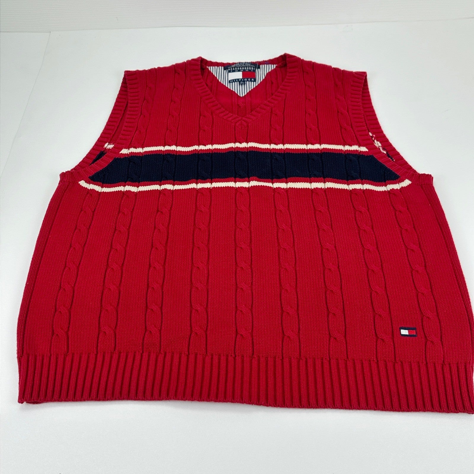 Tommy Hilfiger Mens Red Cable Knit V-Neck Sweater Vest Navy Stripe XL by Tommy Hilfiger