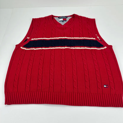 Tommy Hilfiger Mens Red Cable Knit V-Neck Sweater Vest Navy Stripe XL by Tommy Hilfiger