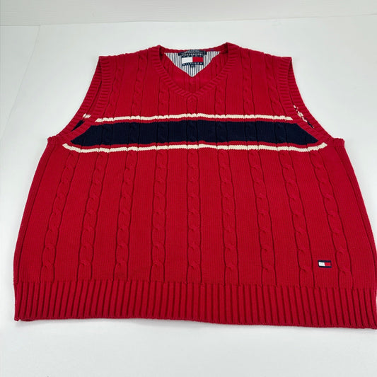 Tommy Hilfiger Mens Red Cable Knit V-Neck Sweater Vest Navy Stripe XL by Tommy Hilfiger