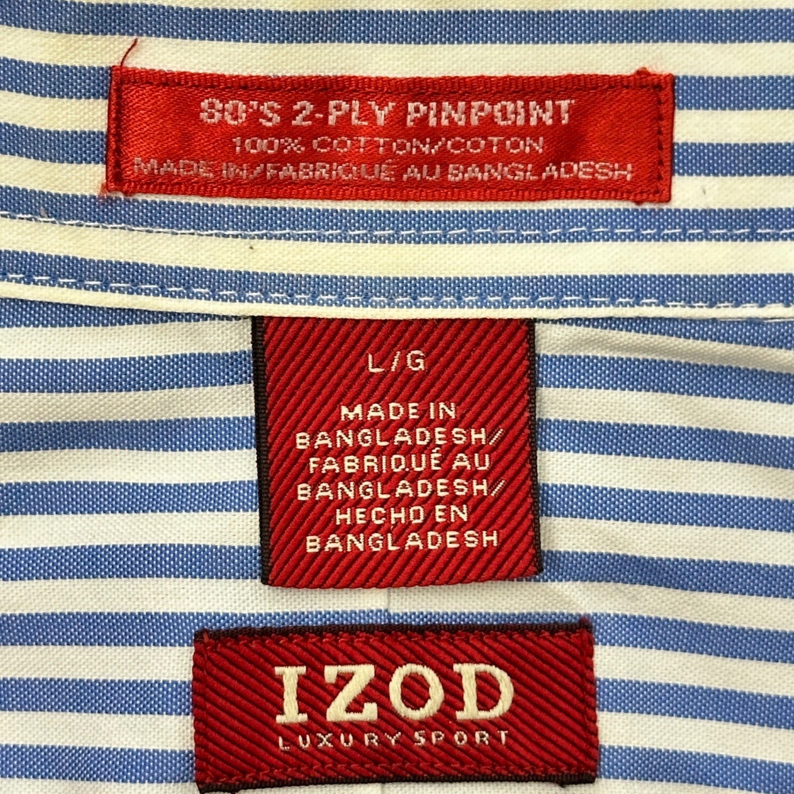 IZOD Luxury Sport Mens Blue White Striped 80s 2-Ply Pinpoint Cotton Shirt L by IZOD