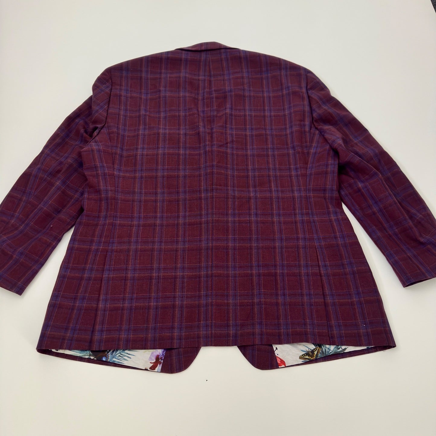 Tallia Mens Plaid Blazer Sport Coat Burgundy Blue Wool Blend Floral Lining 46R by Tallia