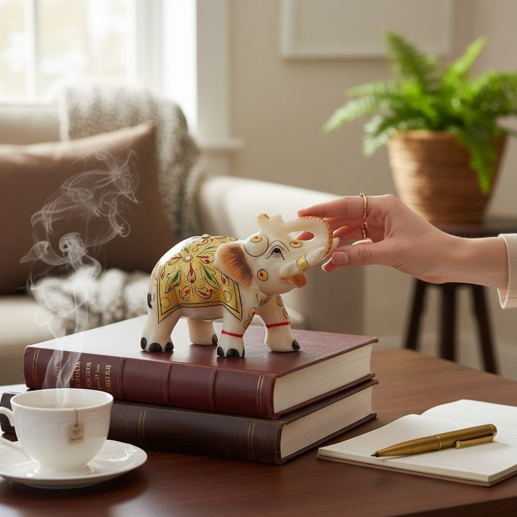 S.A.C. Product Jaipur Hand Painted Marble Elephant Figurine Trunk Up Gold Decor by S.A.C. Product
