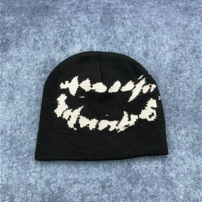 Black Graphic Knit Beanie Abstract White Design Streetwear Skull Cap Hat by Unbranded