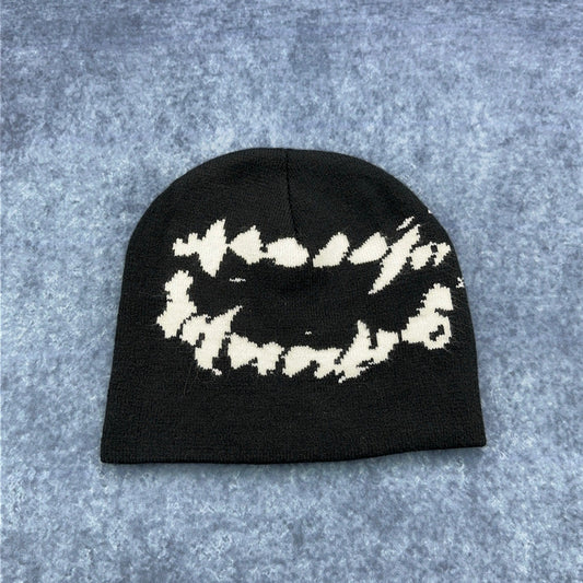 Black Graphic Knit Beanie Abstract White Design Streetwear Skull Cap Hat by Unbranded