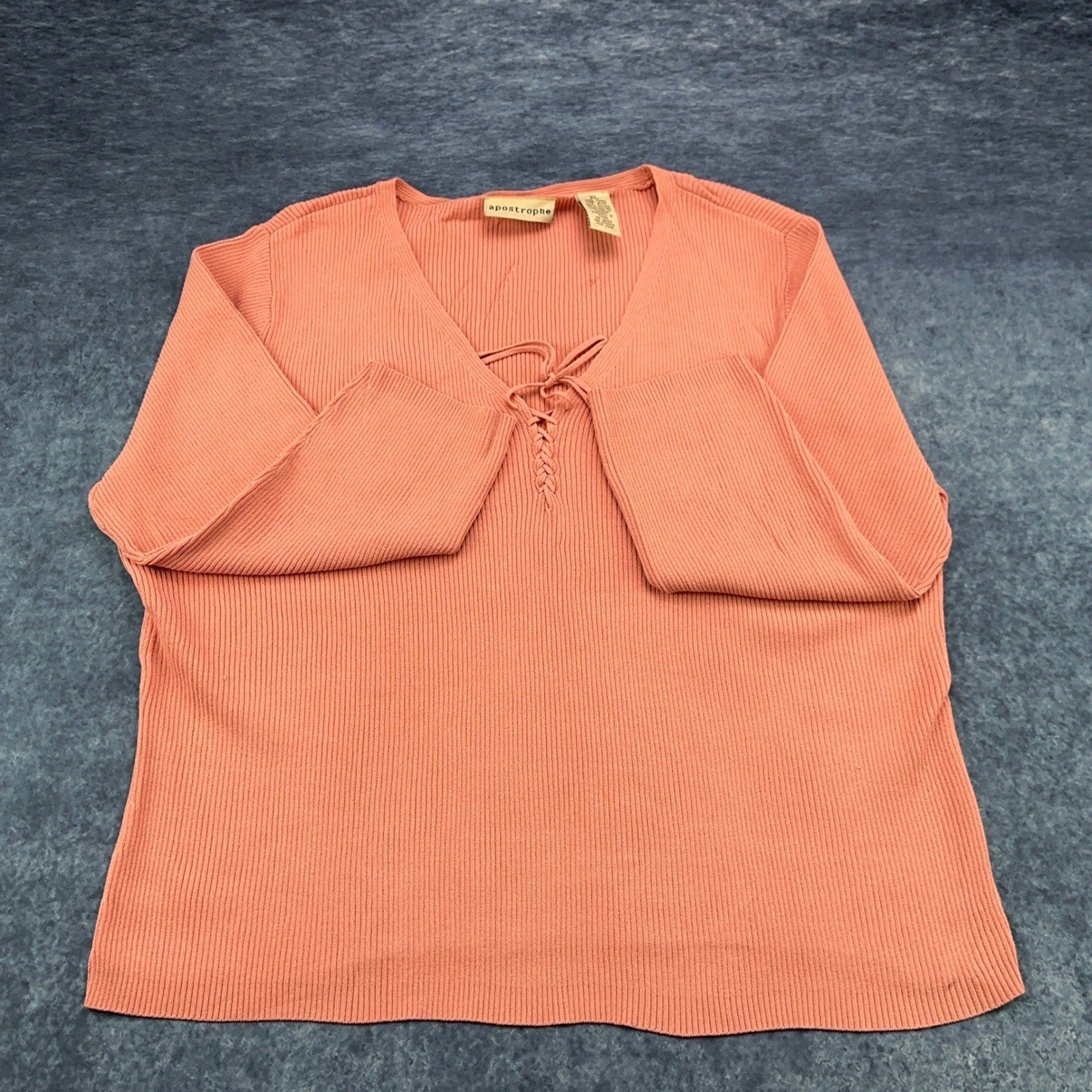 Apostrophe Womens XL Coral Pink Ribbed Knit Lace Up V-Neck Sweater Long Sleeve by Apostrophe