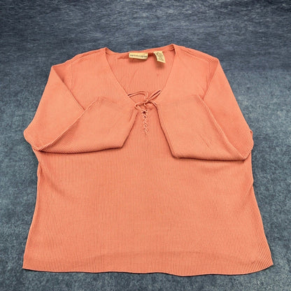 Apostrophe Womens XL Coral Pink Ribbed Knit Lace Up V-Neck Sweater Long Sleeve by Apostrophe
