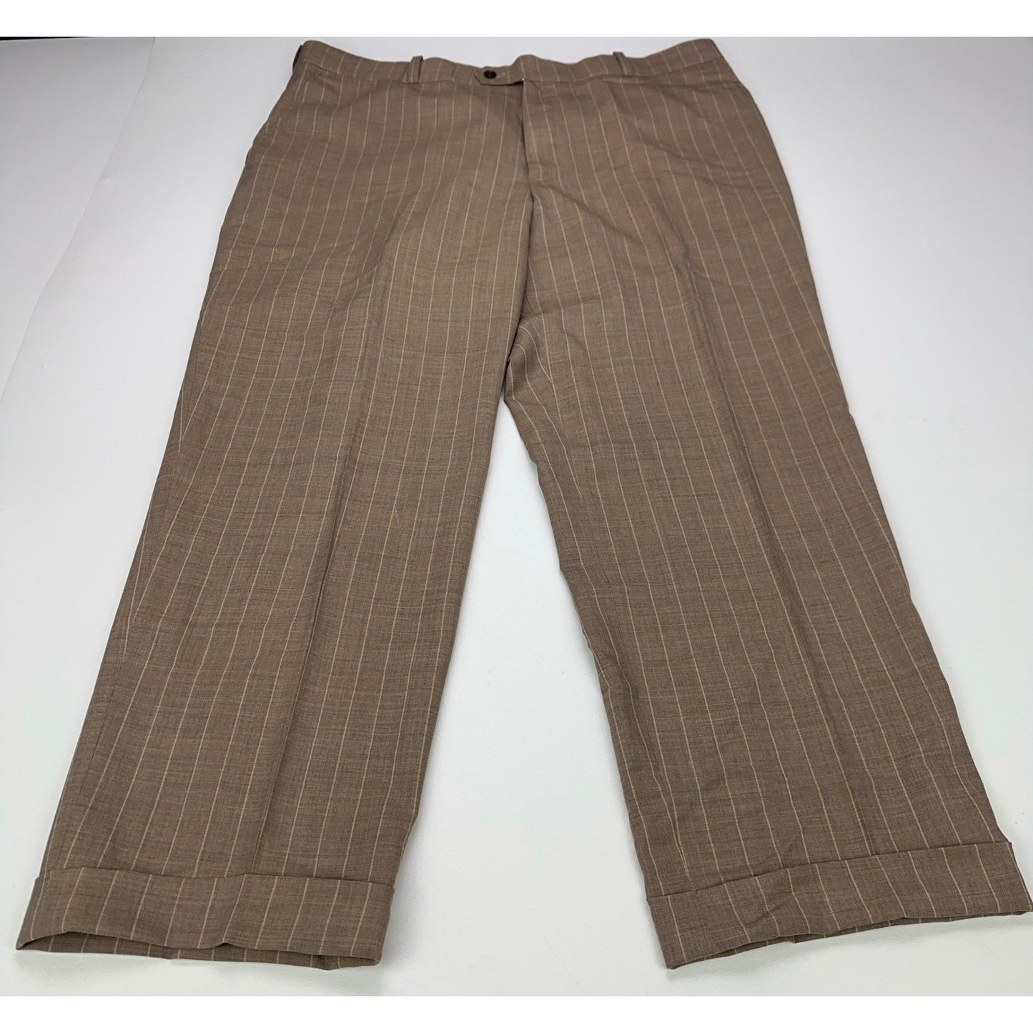 Rajas Fashions Mens Tan Pinstripe Cuffed Dress Pants Trousers 40x28 Bespoke by Raja's Fashions