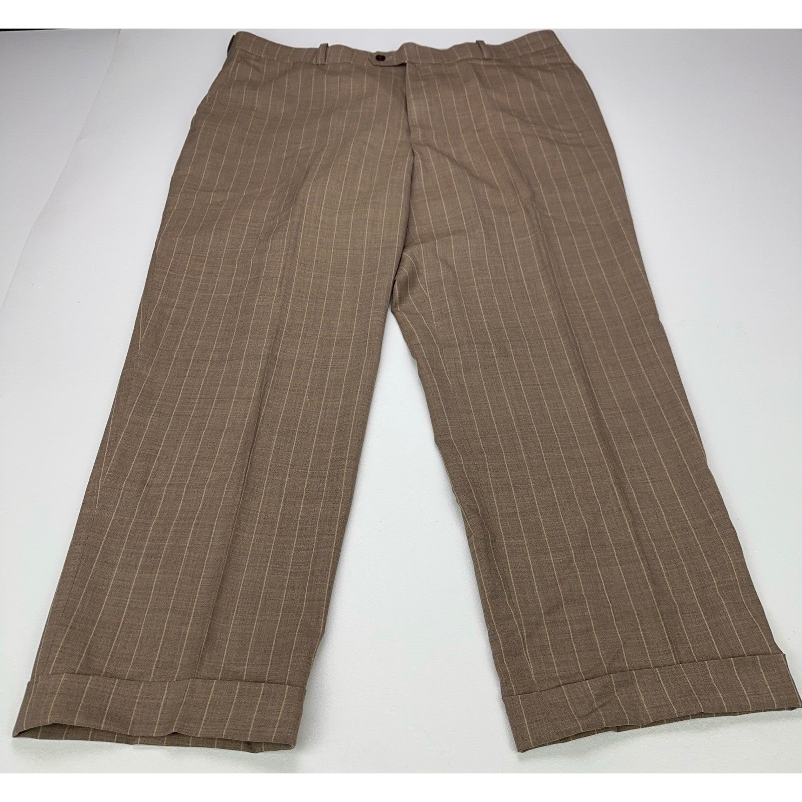 Rajas Fashions Mens Tan Pinstripe Cuffed Dress Pants Trousers 40x28 Bespoke by Raja's Fashions