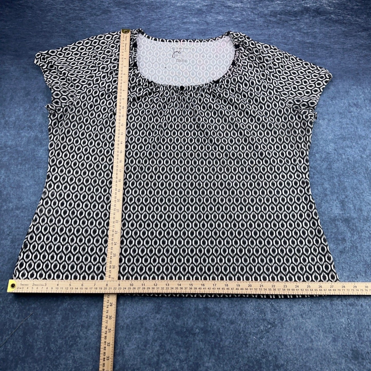 Just My Size JMS Women 3X Black White Geometric Ikat Cap Sleeve Pleated Blouse by Just My Size